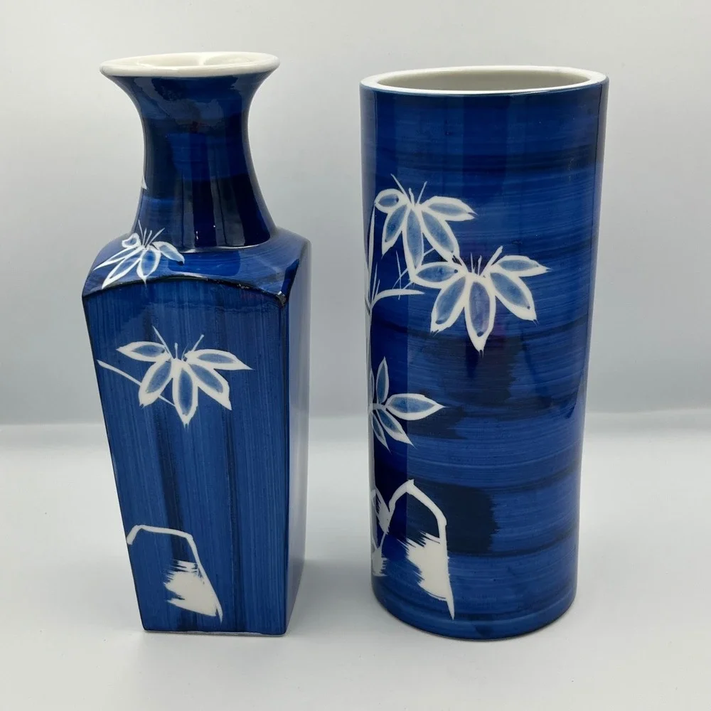 Trimont‎ Ware Blue & White Porcelain Vases Set Bamboo Design Decorative